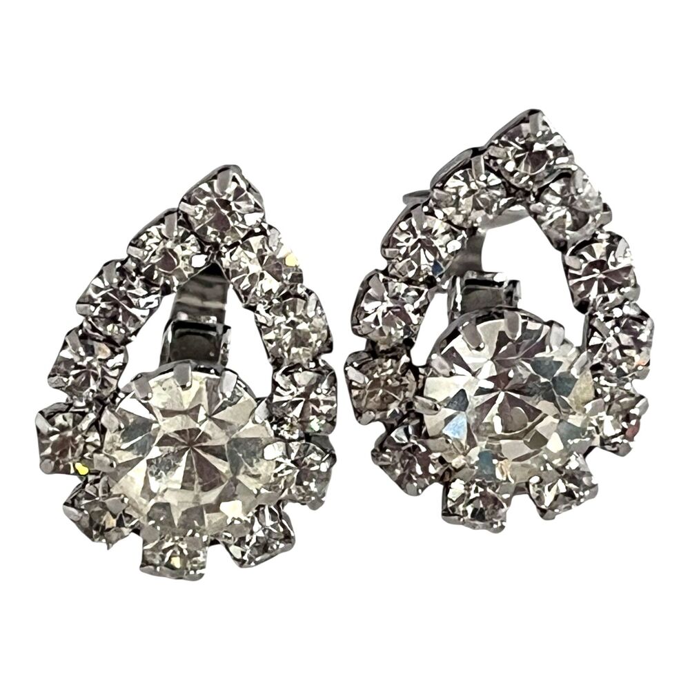 Vintage 1960s Clip On Earrings Rhinestone Teardrop Cluster Silver Tone - 10Y